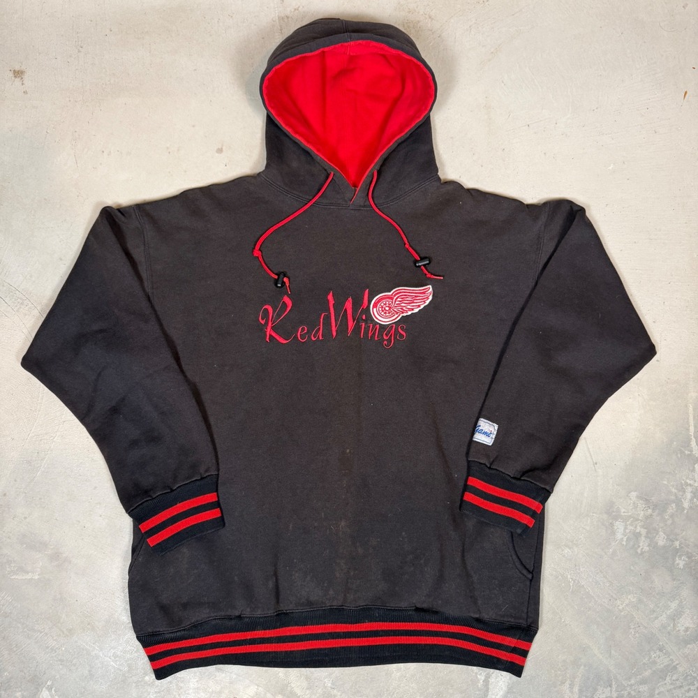Vintage Detroit Red Wings The Game Hoodie Mens Medium Black Red NHL 90s Striped
